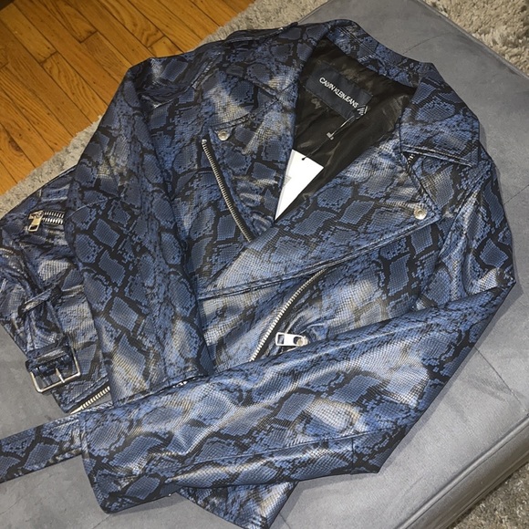 CALVIN KLEIN BLUE PATTERN BIKER JACKET - Picture 6 of 6